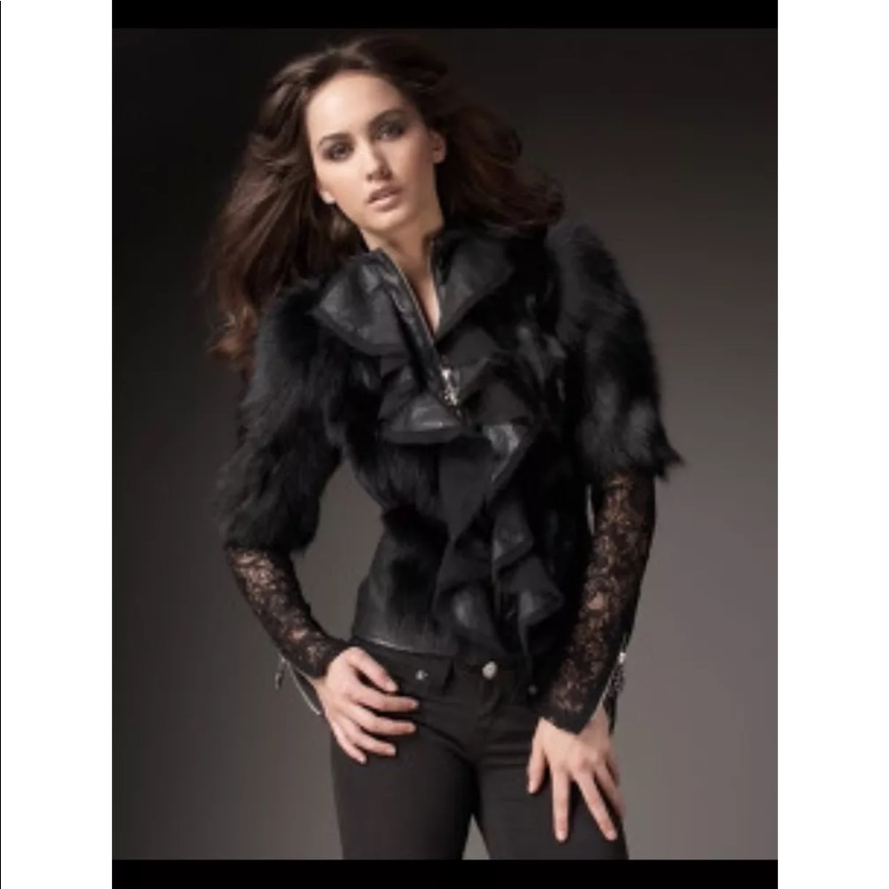 Black sexy real fox fur leather lace jacket size S